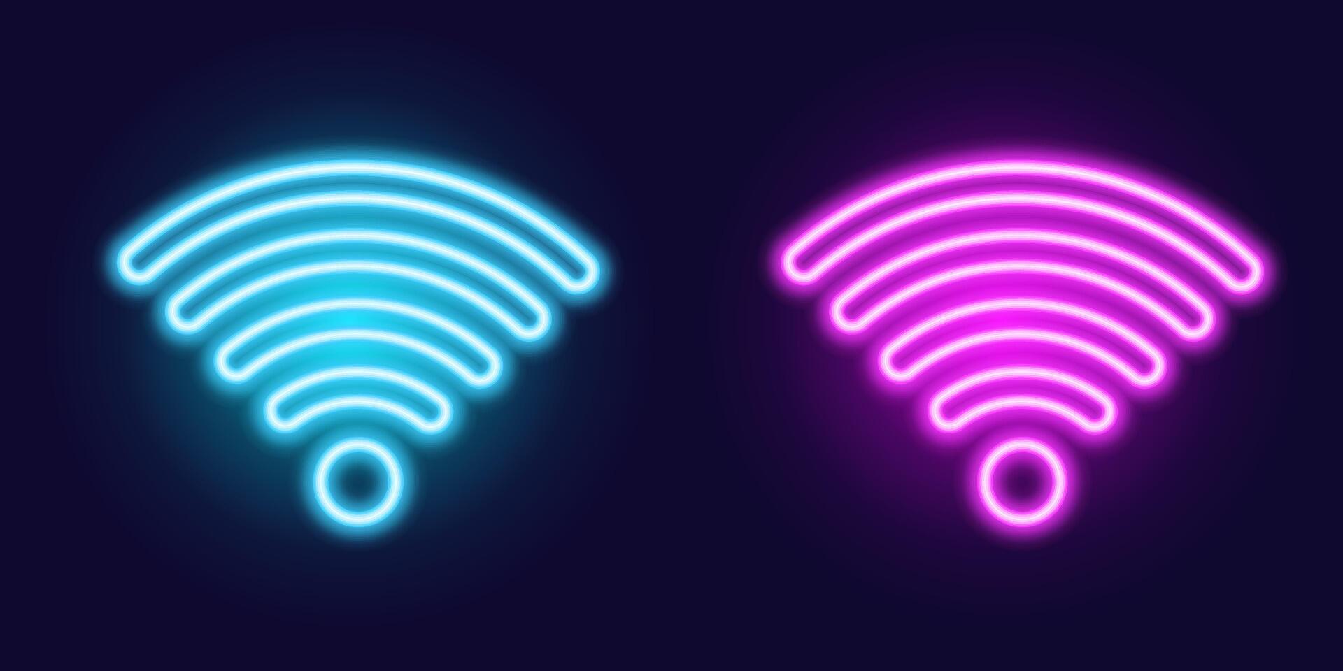 The signal sensor glows blue and pink to indicate a wireless Internet connection. 3d wifi signal with neon wave effect. Transparent neon circle symbol for wireless monitoring and protection vector