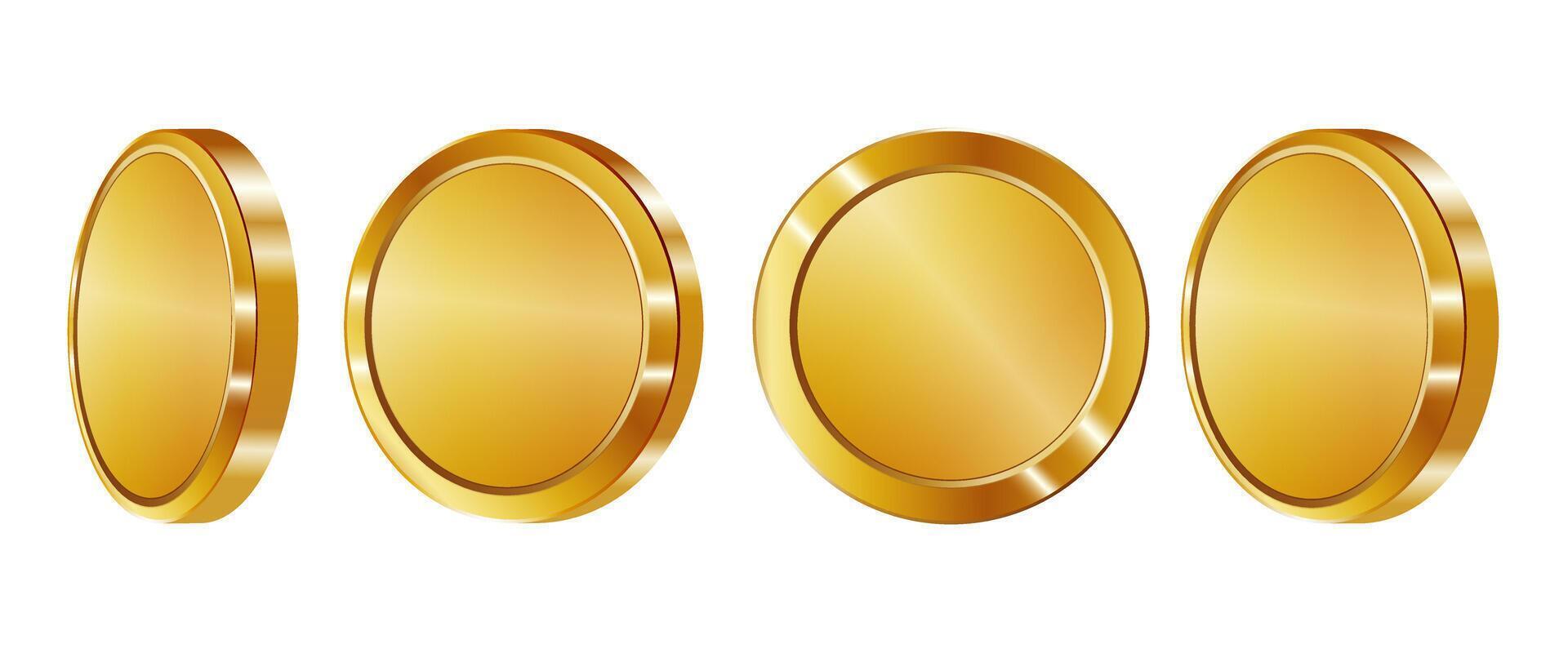 Set of gold blank metal coin, 3D realistic money, cash, treasure. Game assets, payment signs, bank, financial symbols illustration isolated on transparent background vector
