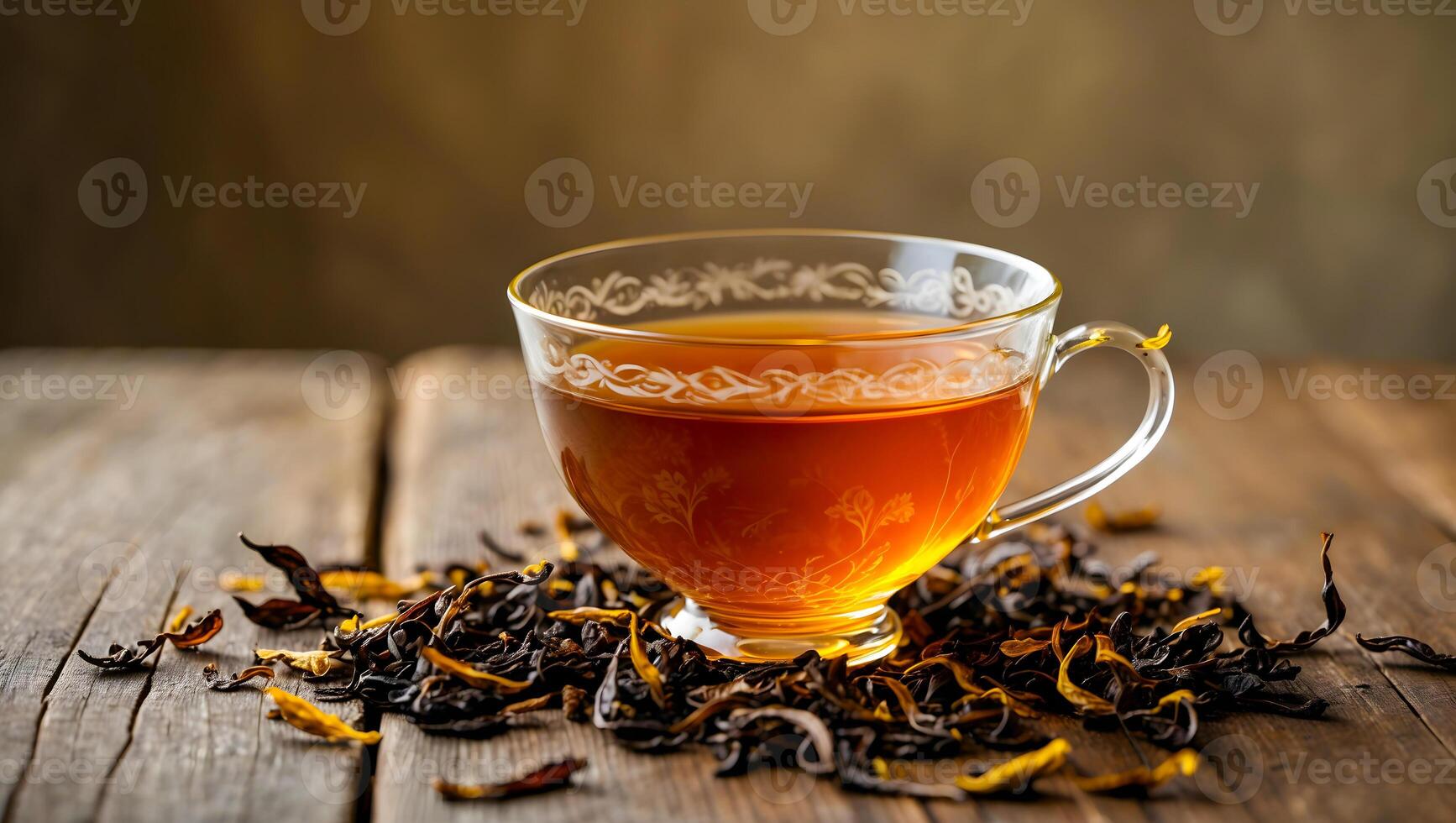 Close-up view of a cup of tea with dry leaves around it on a textured wooden table photo