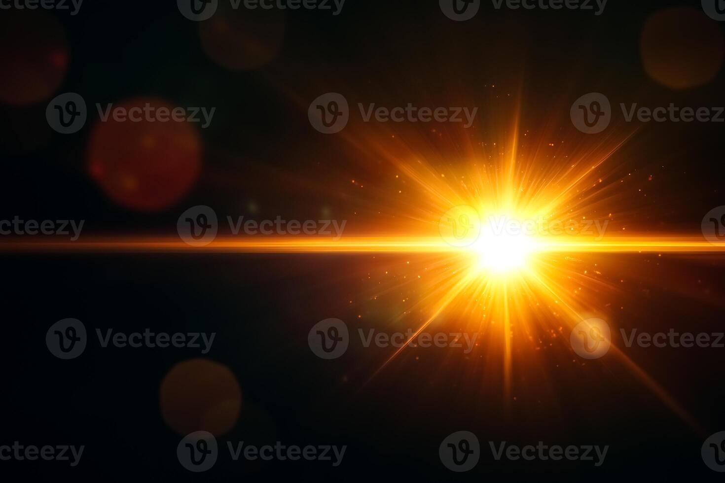 Radiant sunburst with golden rays and bokeh lights against a dark background overlay effect photo