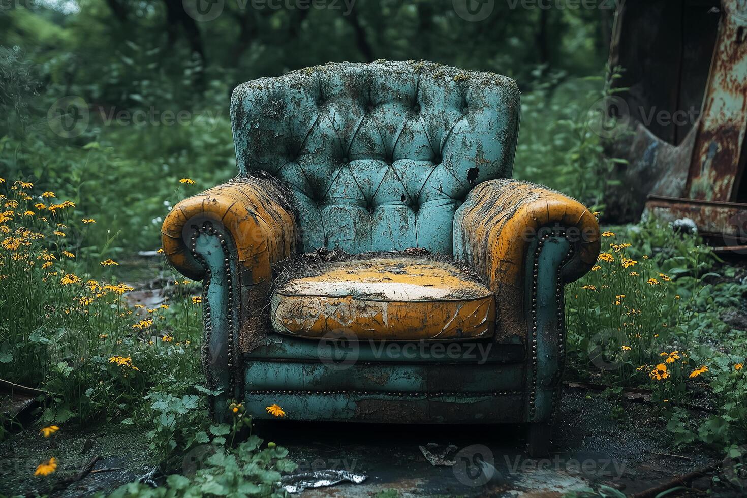 An old worn out armchair that had been thrown away photo