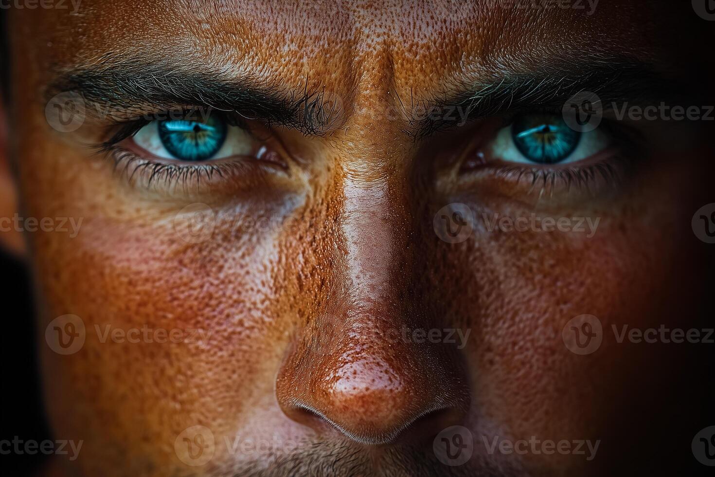Closeup of a man with intense blue eyes and textured skin exuding strength and focus photo