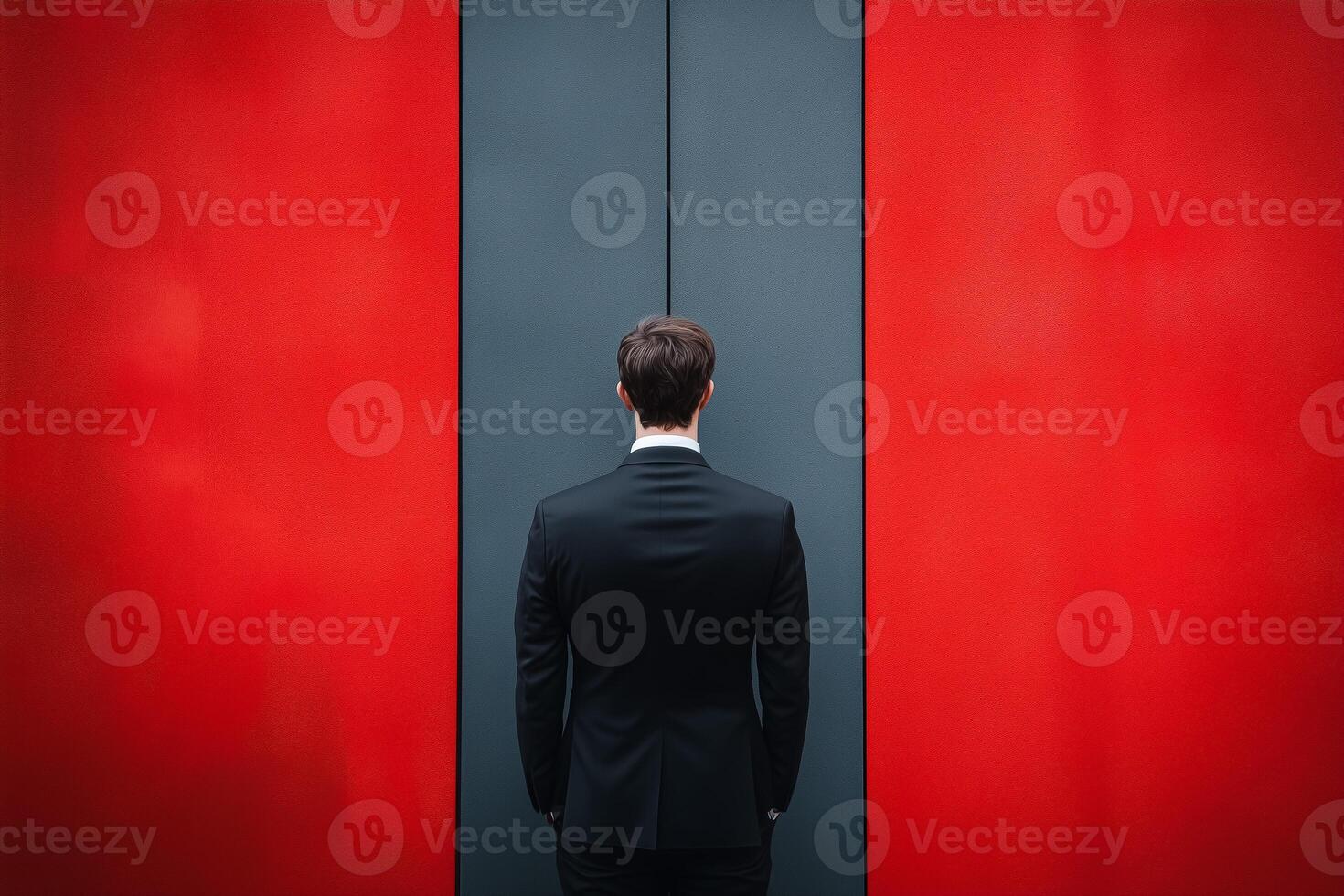 Man in a suit against a red and gray wall photo