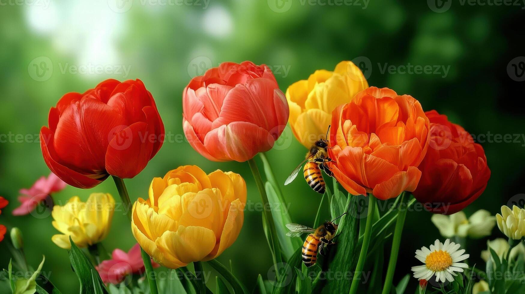 A vibrant assortment of tulips in red, yellow, and orange, surrounded by lush greenery and buzzing bees, creating a lively spring atmosphere. photo