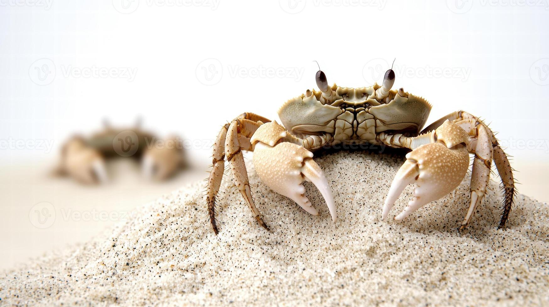 A crab perched on a sandy surface, showcasing its claws and intricate details, with another crab blurred in the background. photo