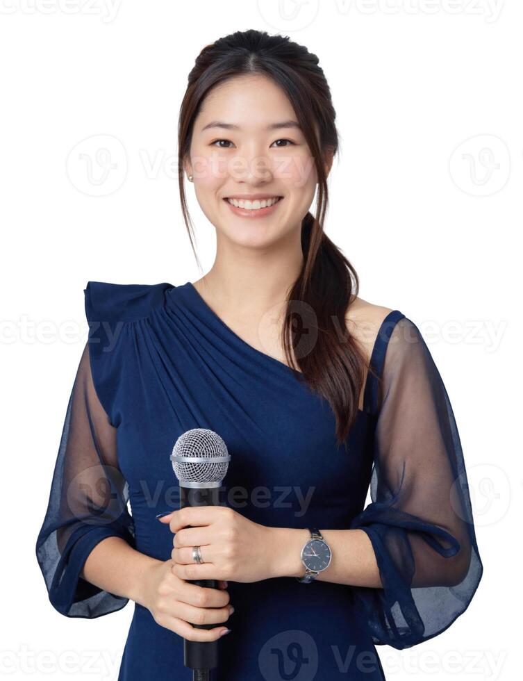 Asian woman in blue dress holding microphone photo