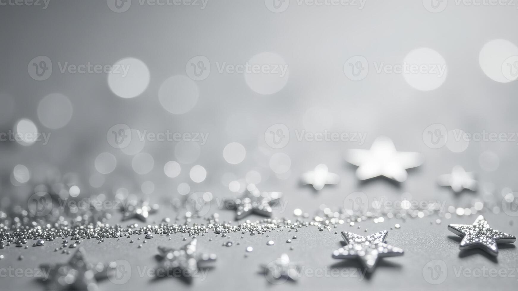 Silver abstract background with a bokeh circle and shiny stars. New year, birthday, holidays photo