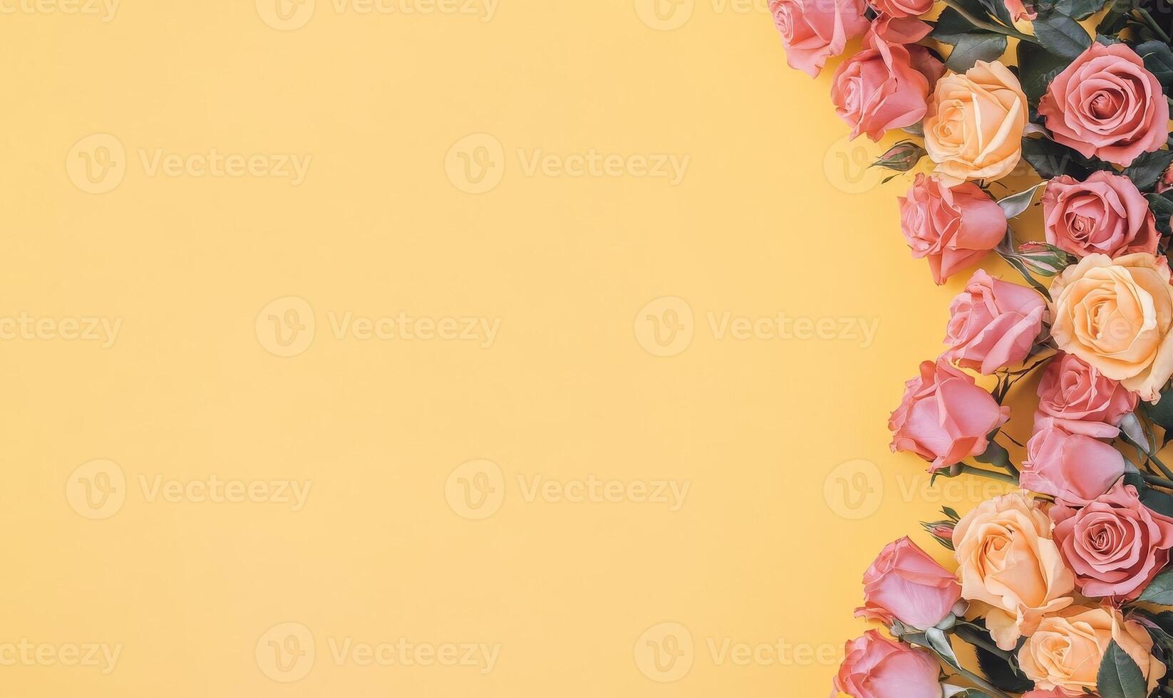 Elegant border of blooming roses on a vibrant yellow backdrop, creating a stunning visual contrast ideal for creative projects and designs photo