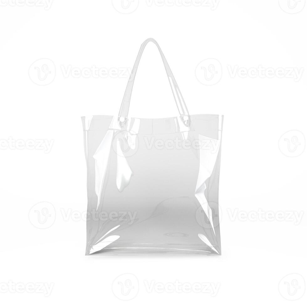 Clear plastic tote bag with white handles on a white background. photo