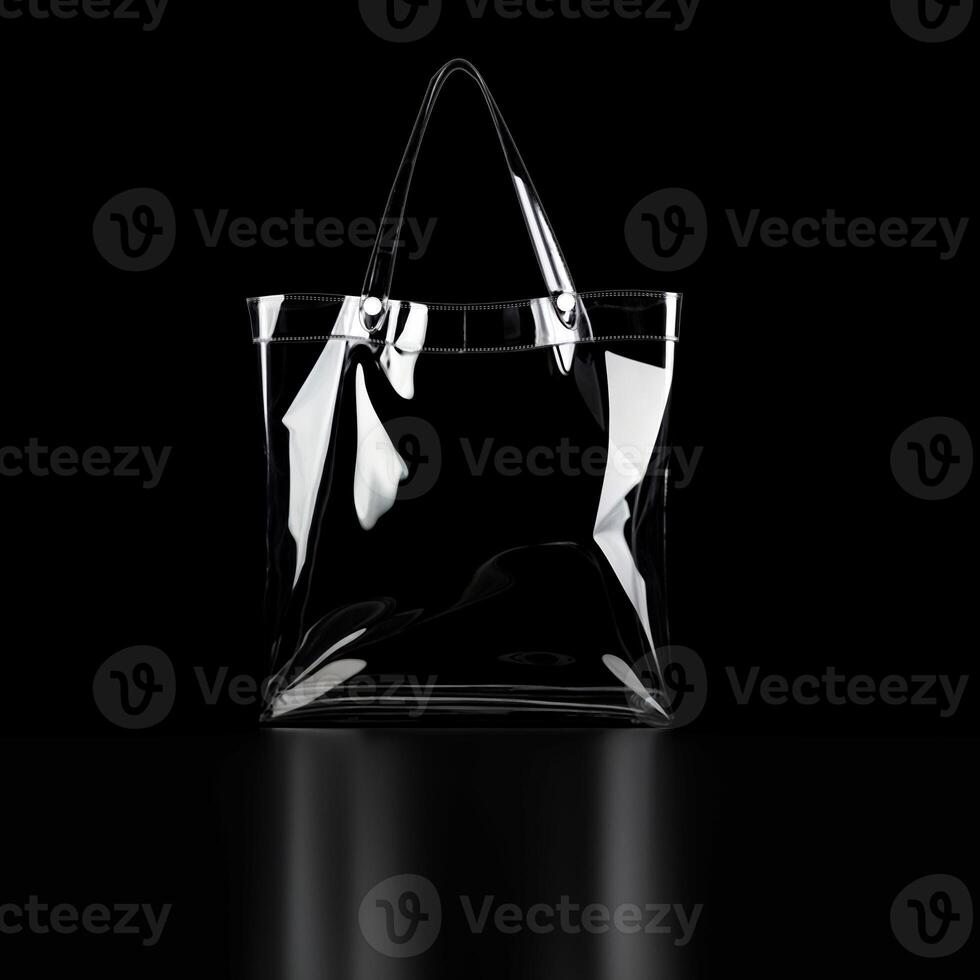 Transparent tote bag with white handles on a black background. photo