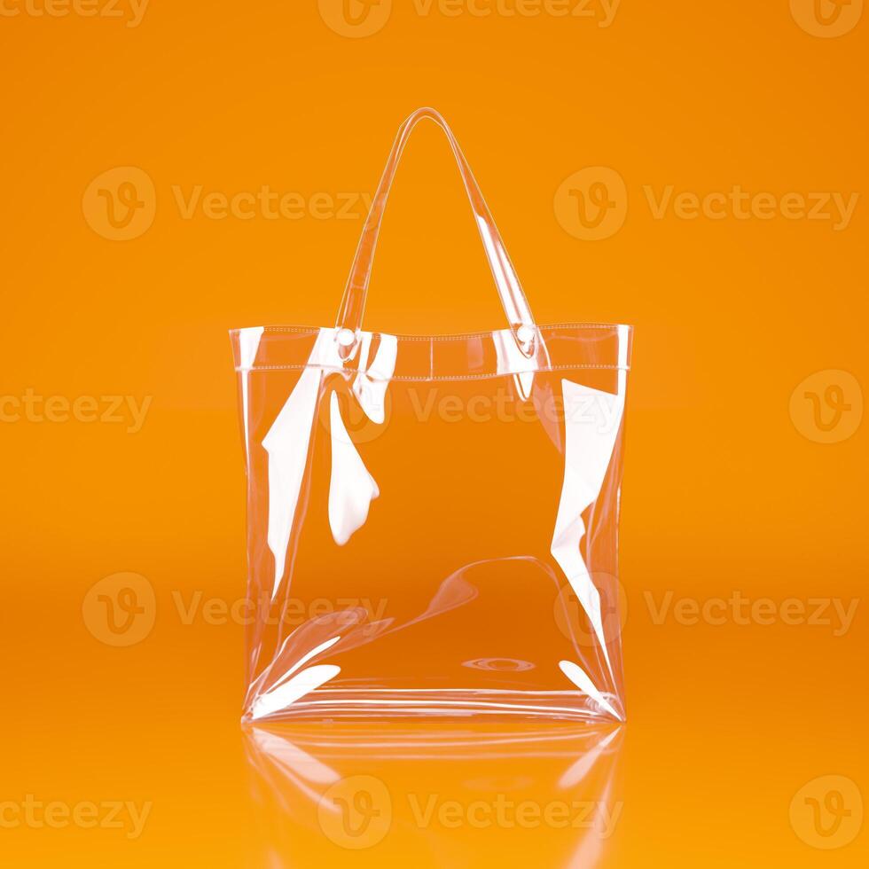 Transparent bag with white handles on an orange background. photo