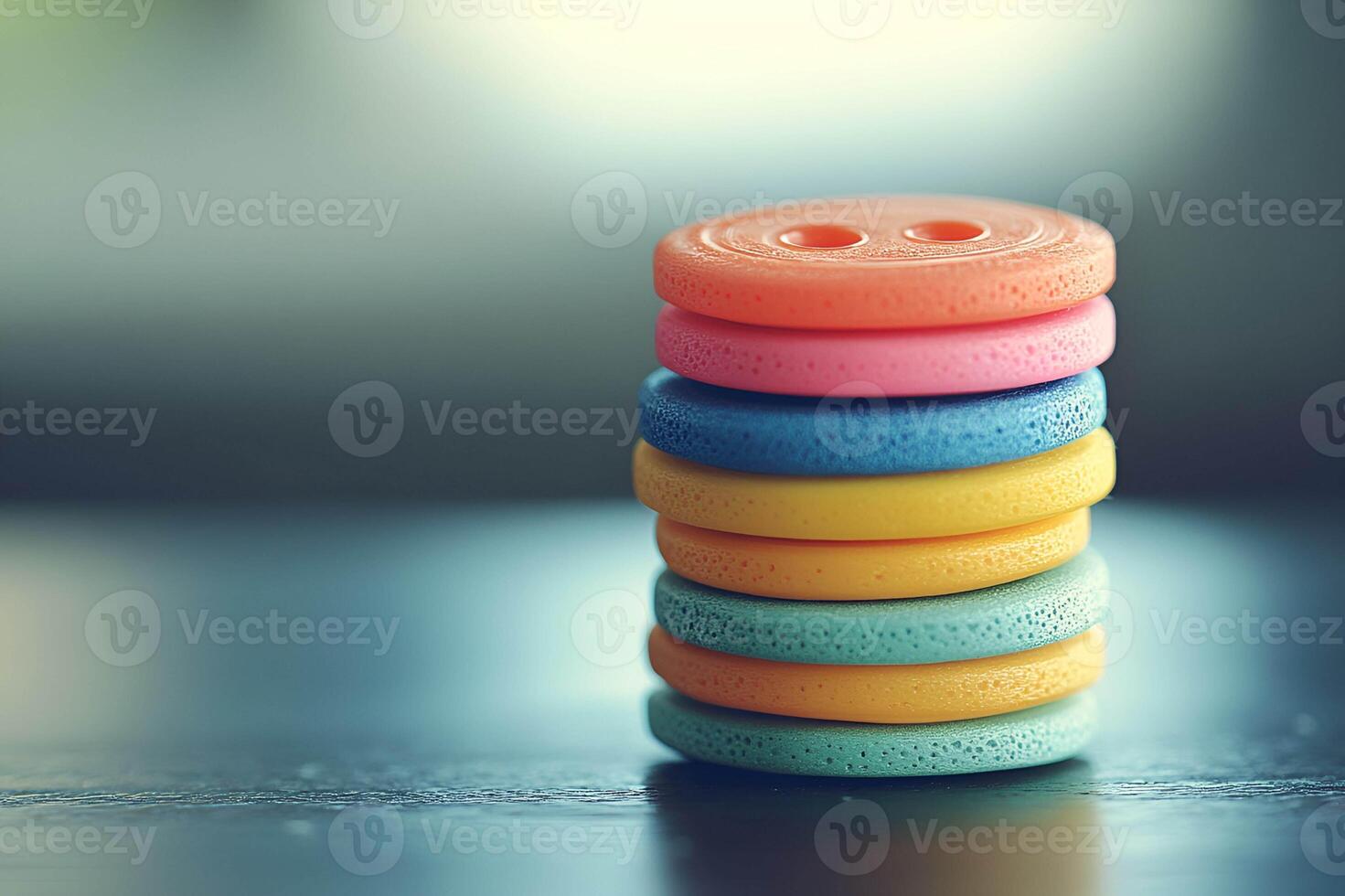 Stacked colorful foam buttons in pastel tones, with soft textures and blurred background, creating sense of playfulness photo