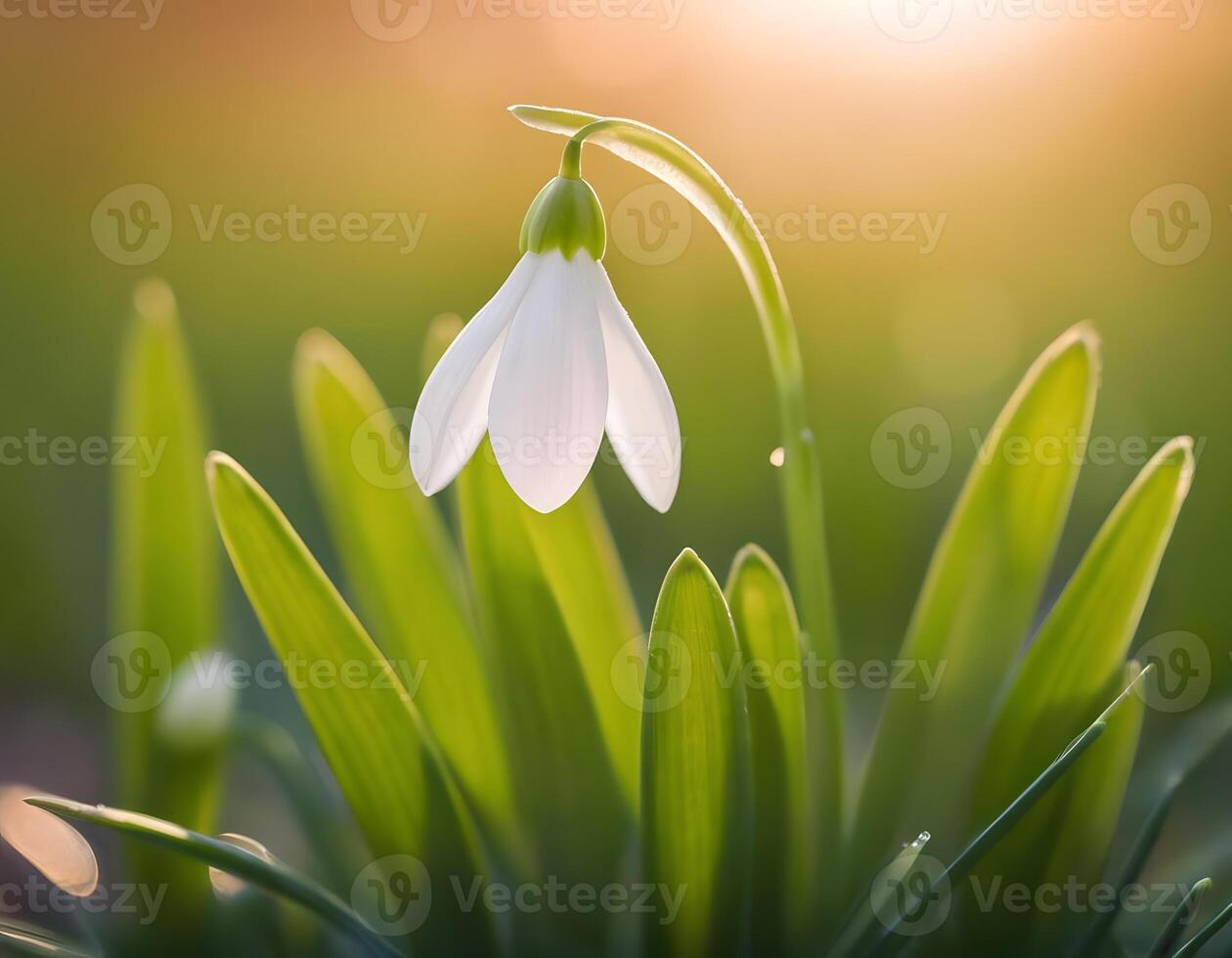 v1 Close-up of Delicate White Snowdrops in Early Spring with Dew and Warm Sunlight Bokeh photo