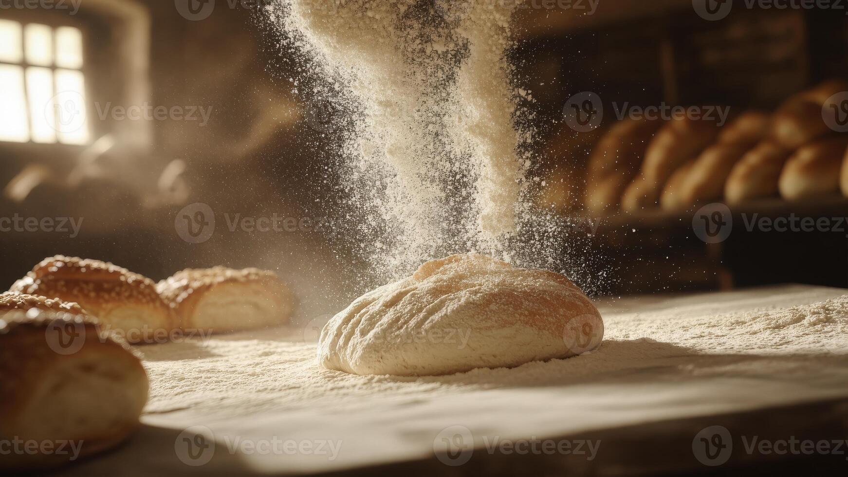 A skilled artisanal baker kneads sourdough on a rustic wooden table, flour dusting into the air. The camera tilts up, revealing a cozy bakery filled with golden pastries. photo