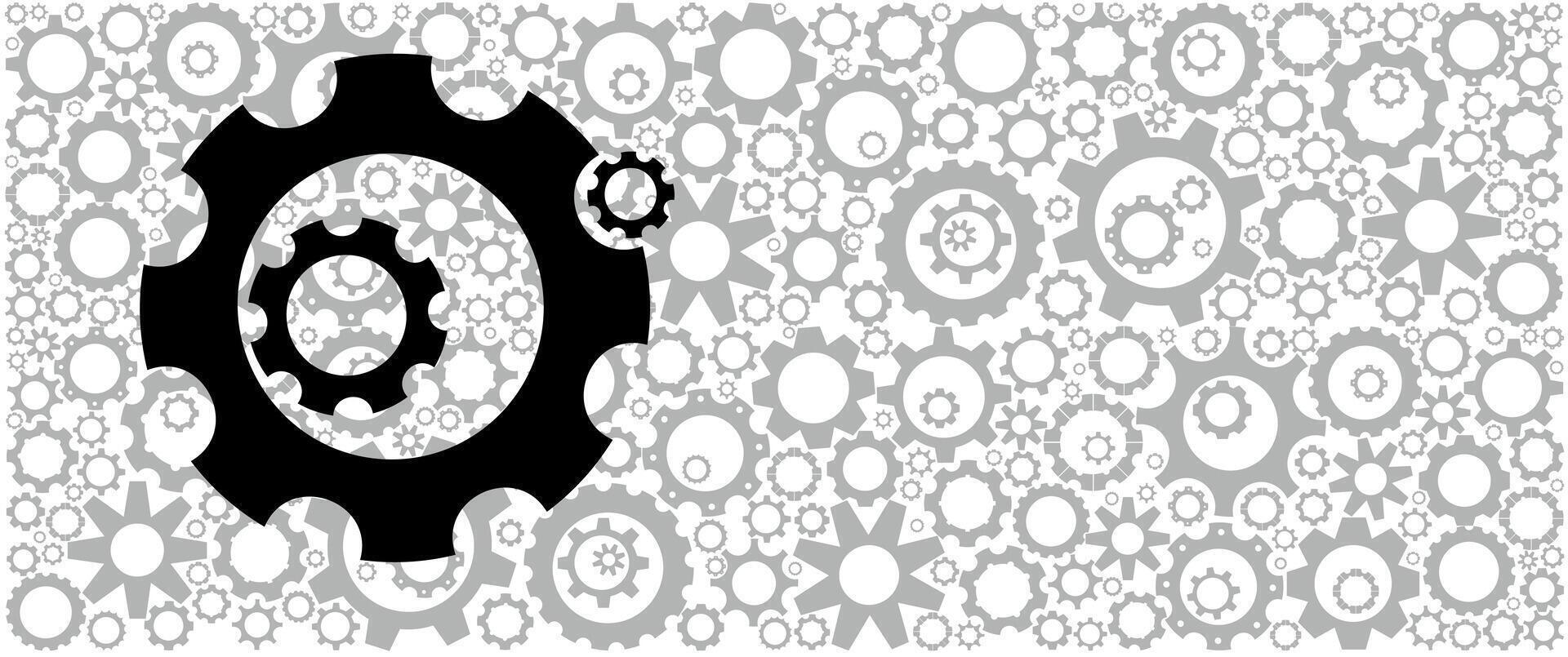 Three identical gear wheels on one line on a background of light gray gears. Mechanical background pattern for industrial logo or titles vector