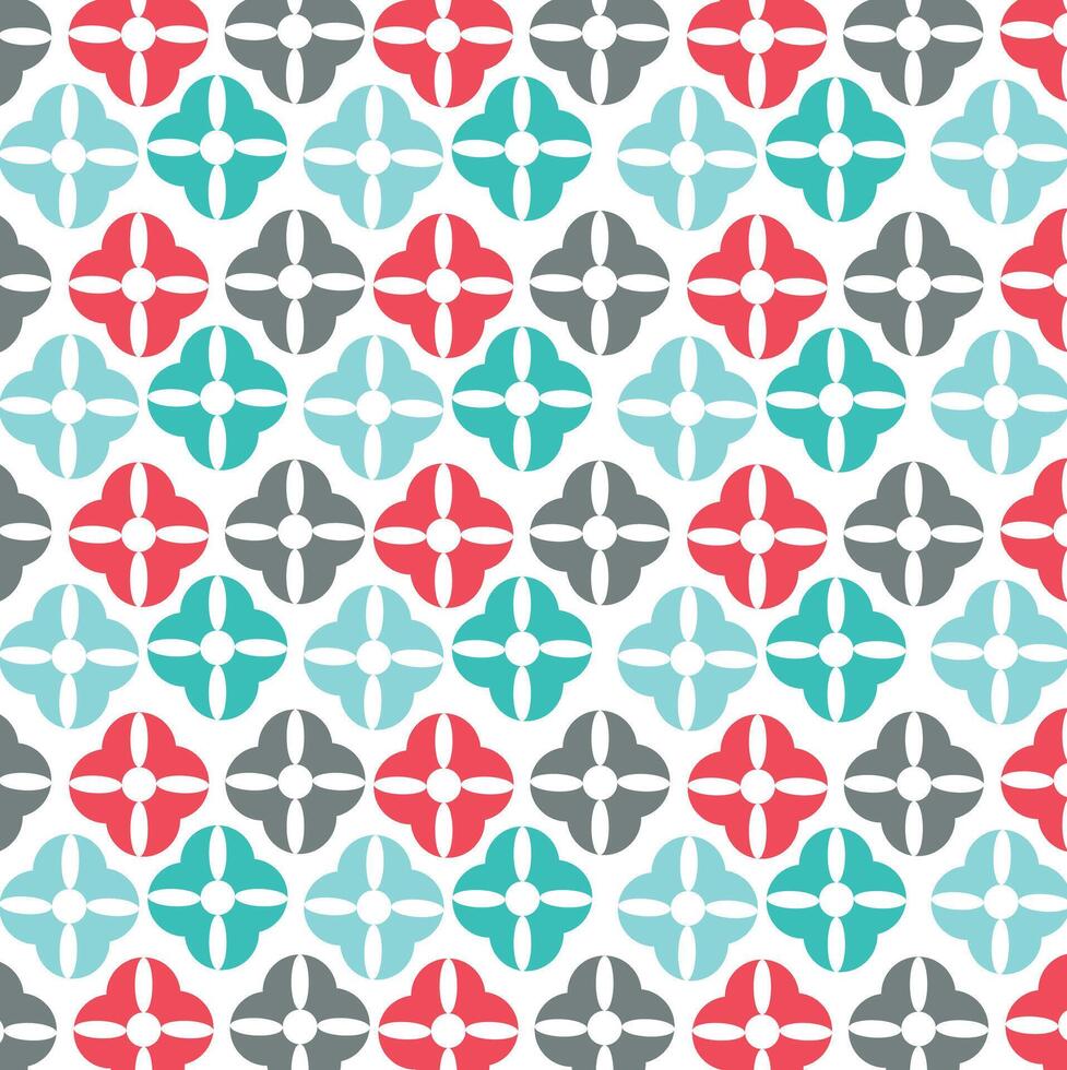 Seamless geometric pattern with red, turquoise, and gray floral motifs, creating a modern and vibrant tile-inspired design vector