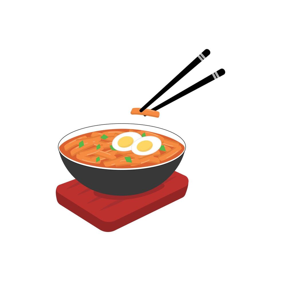 bowl of spicy egg-topped tteokbokki isolated on a white background vector