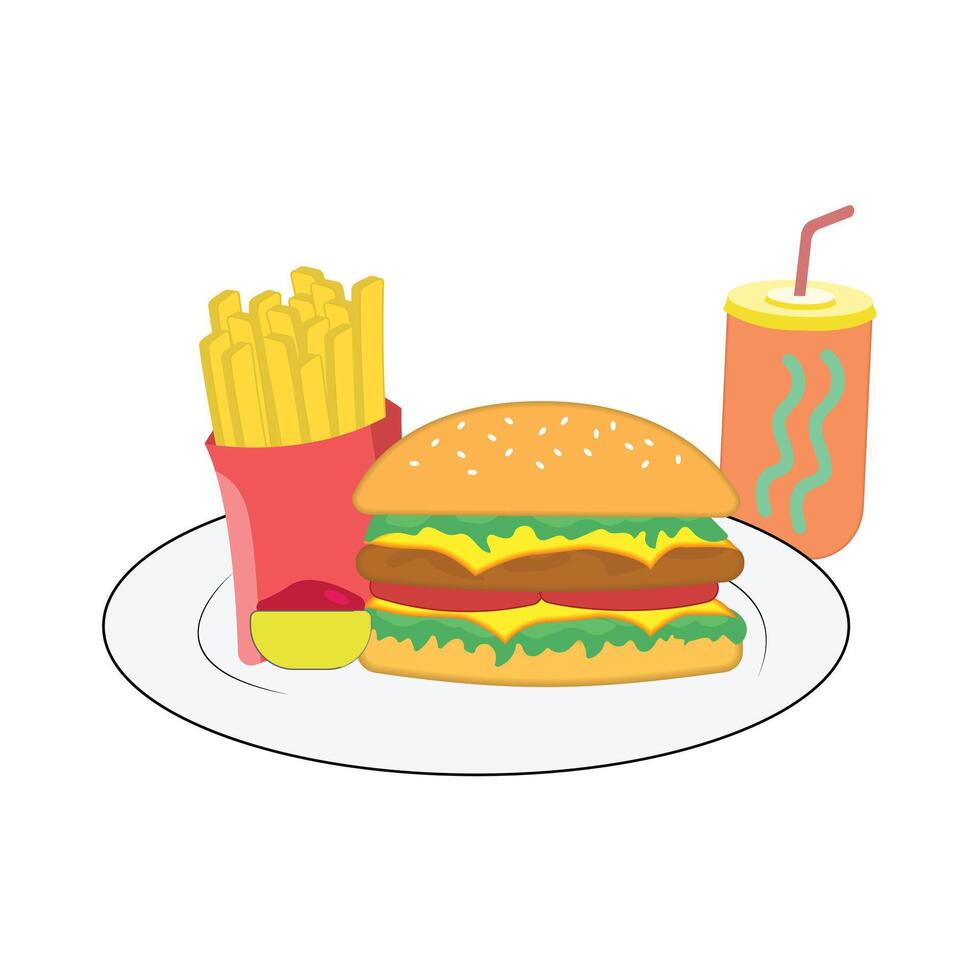 A hamburger and fries on a plate with a drink vector