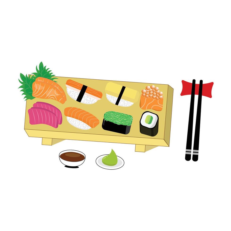 Sushi on a tray with chopsticks and sauce vector