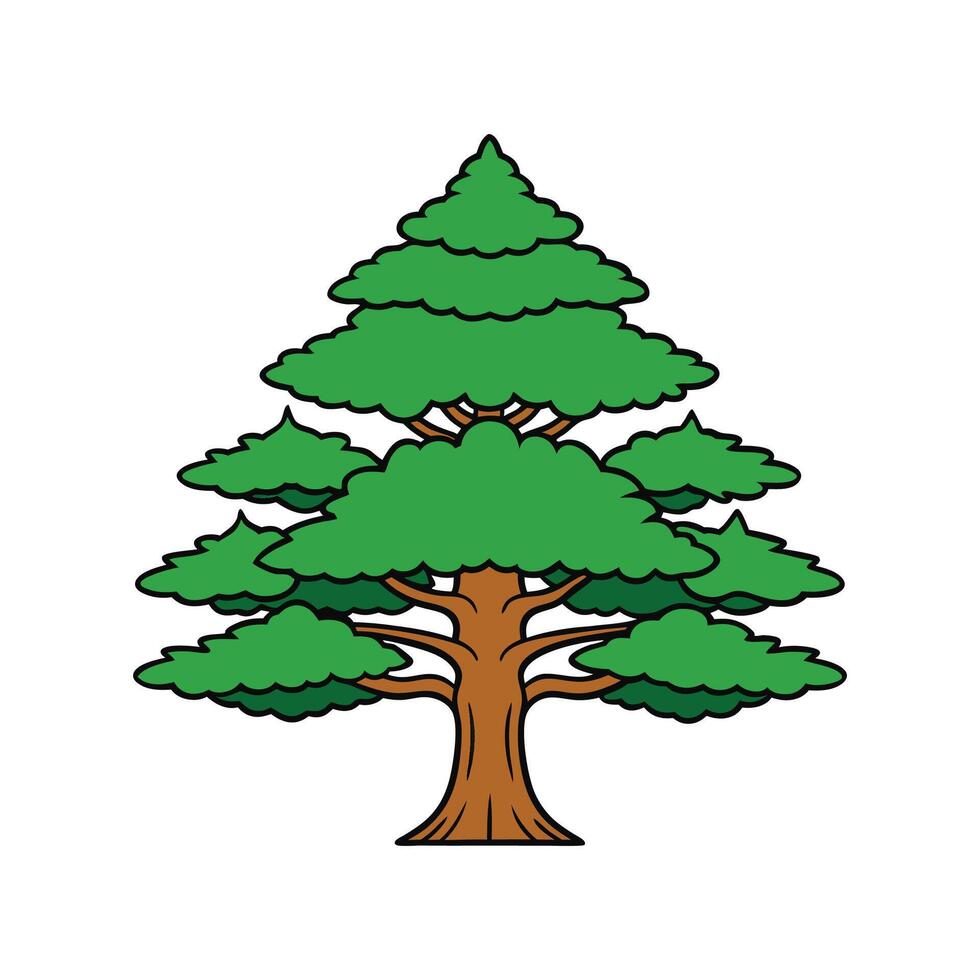 Japanese Cedar Tree Bold Outline Unique Design. Cartoon Art Tree Illustration. vector