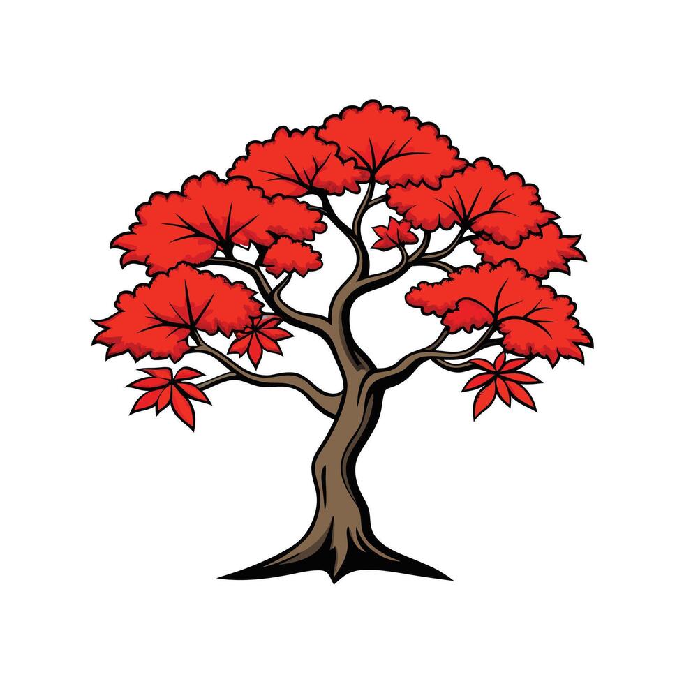 Japanese Maple Tree Bold Outline Unique Design. Cartoon Art Tree Illustration. vector