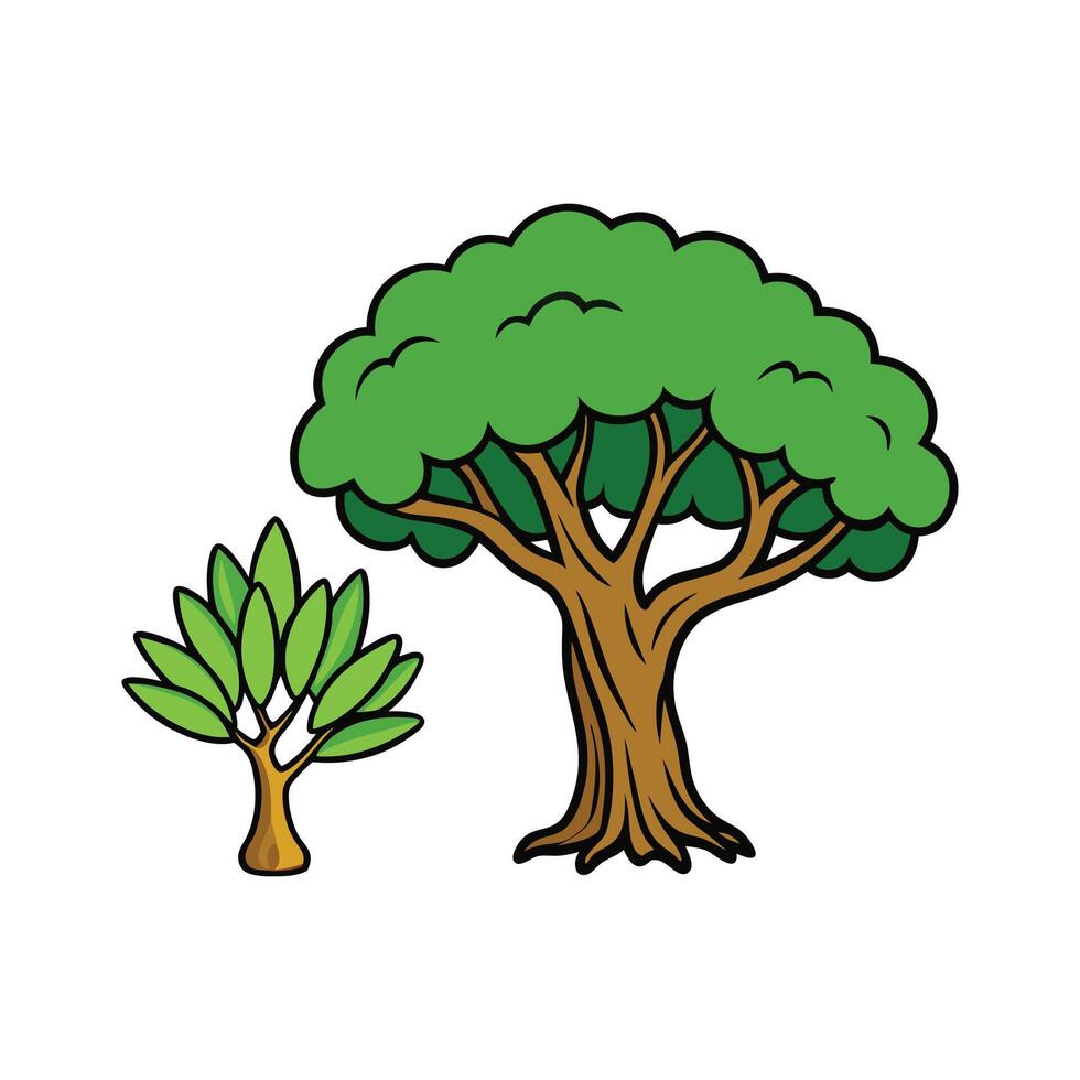 Olive Tree and Indian Banyan Tree Bold Outline . Cartoon Art Tree Illustration Design vector