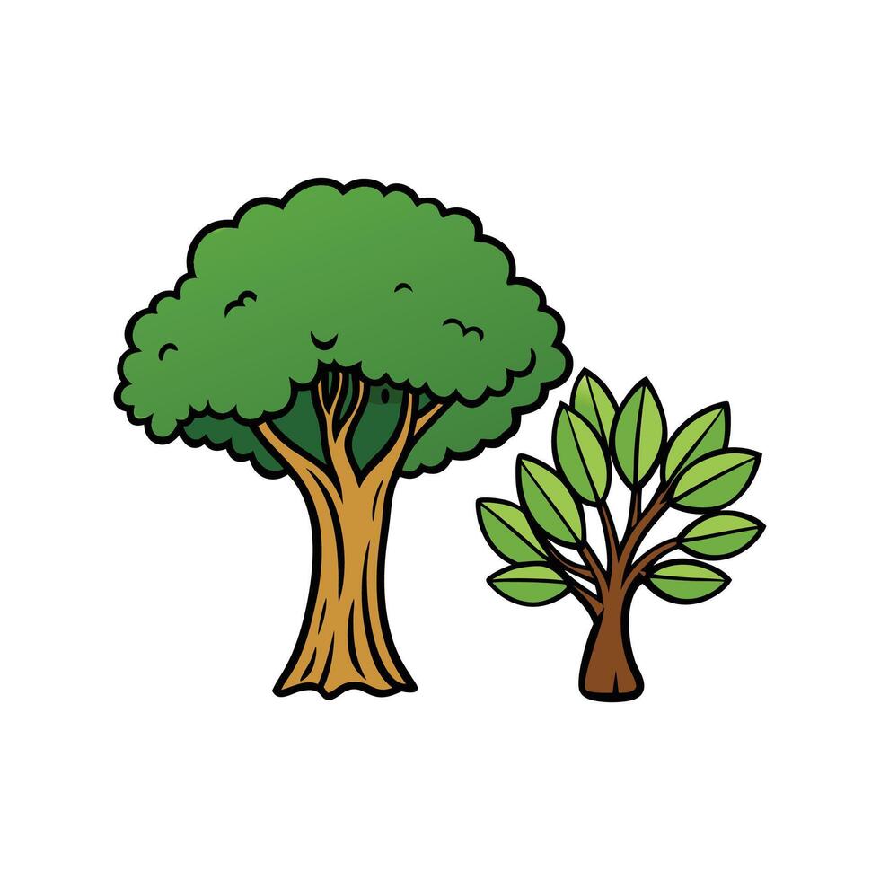 Olive Tree and Indian Banyan Tree Bold Outline . Cartoon Art Tree Illustration vector