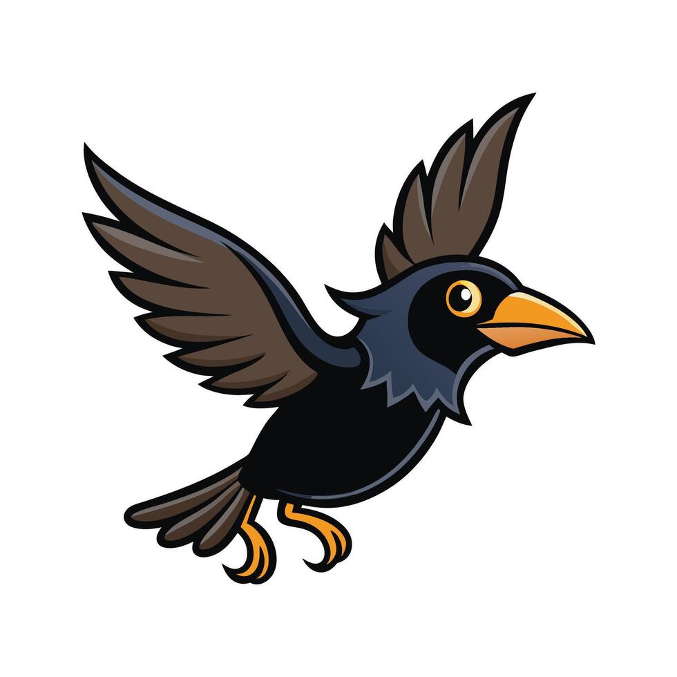 Stylized Outline of Crow in Flight. Cartoon Art Tree Illustration. vector