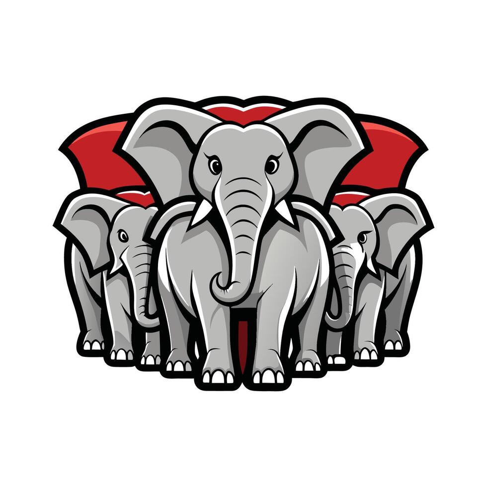 Realistic Elephant Herd Bold Outline . Cartoon Art Tree Illustration vector