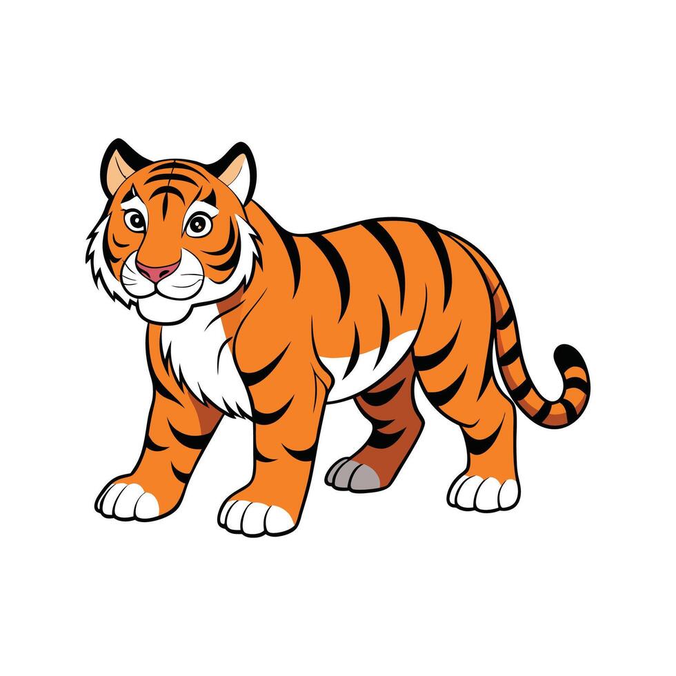 Vibrant Tiger Stalking Its Prey. Cartoon Art Tree Illustration. vector