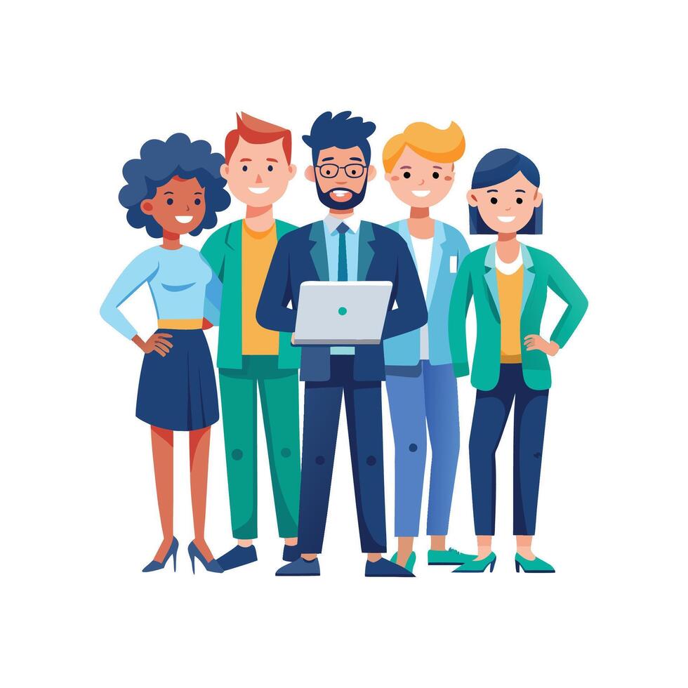 One Team Member Holding Laptop in Diverse Setting vector