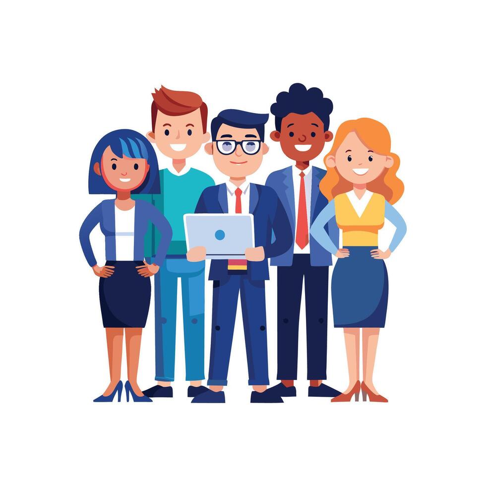 Diverse Business Team with One Member Holding Laptop vector