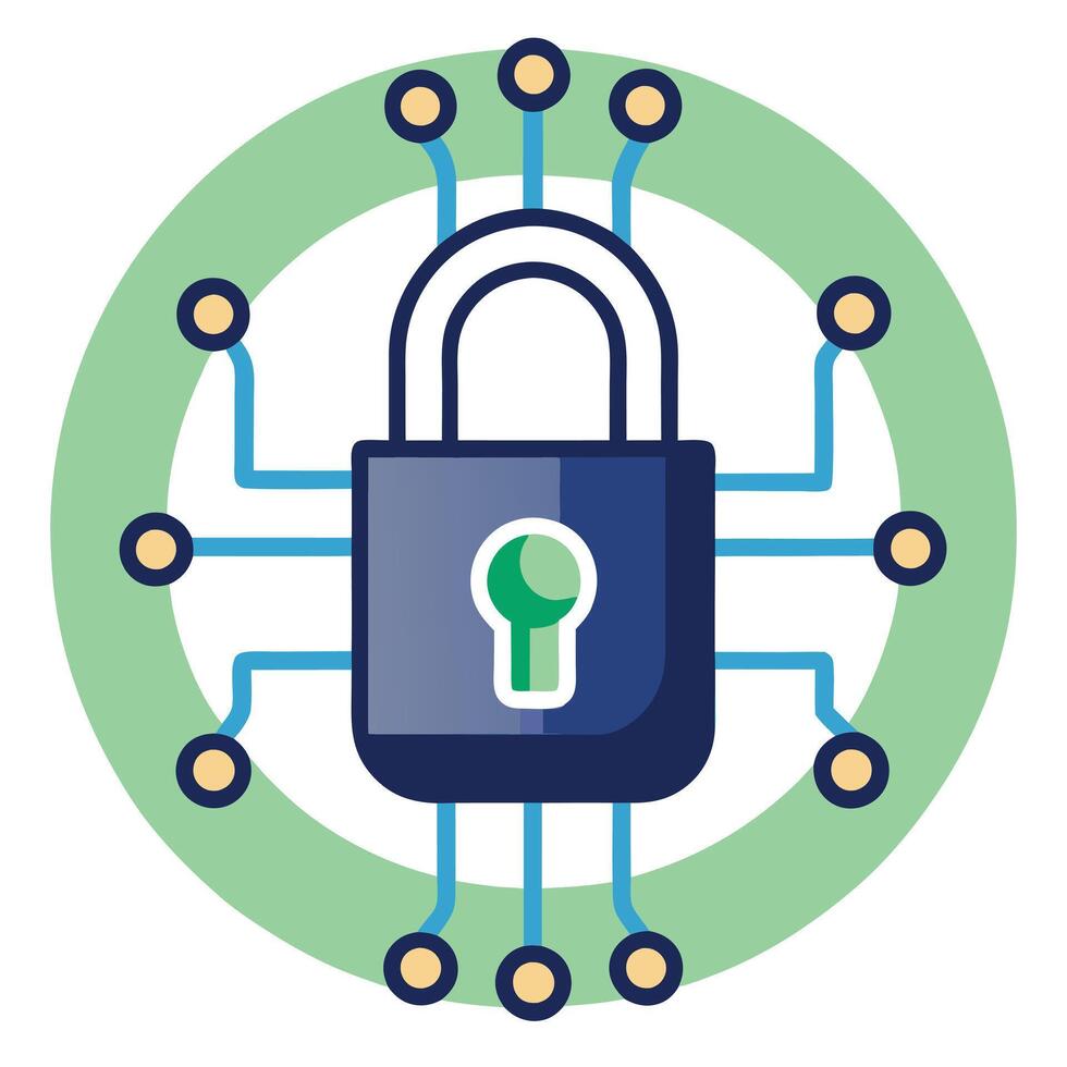 Lock Icon over a Digital Circuit and Cybersecurity Concept vector