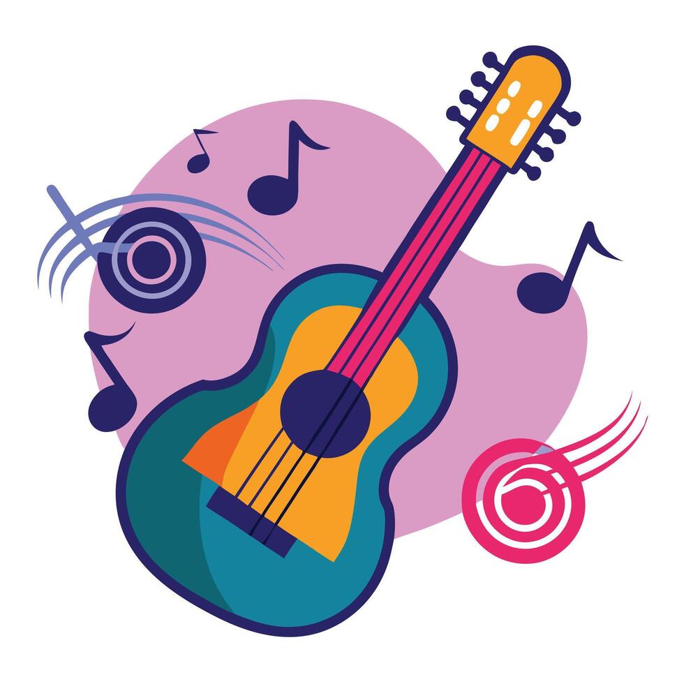 Guitar Icon with Musical Notes Isolated on a White Background and Music Concept vector