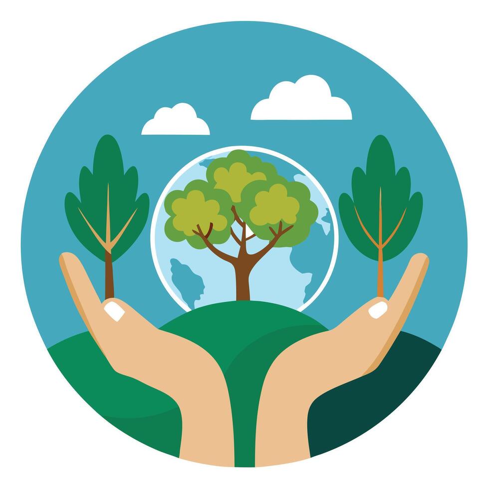 Two Hands Icon Holding a Small Globe and Nature Conservation Concept vector