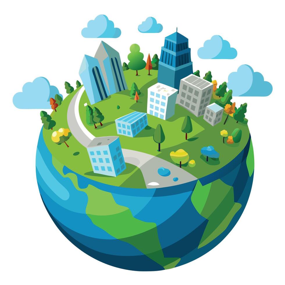 3D Globe Icon with Natural and Urban Elements and Planet Earth Concept vector