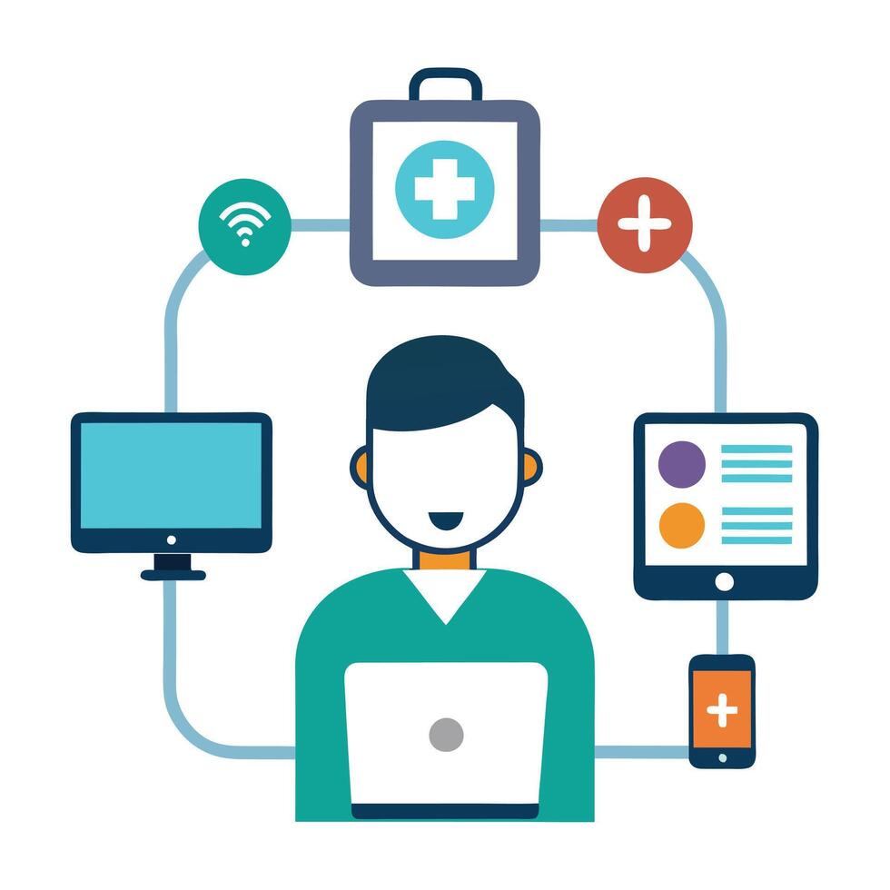 Patient Icon Connected to a Monitor and Remote Patient Monitoring Concept vector