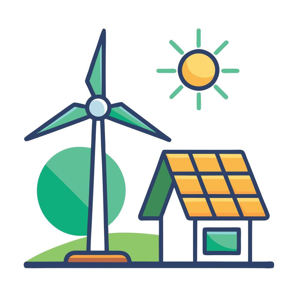 Wind Turbine Icon with a Solar Panel and Renewable Energy Concept vector