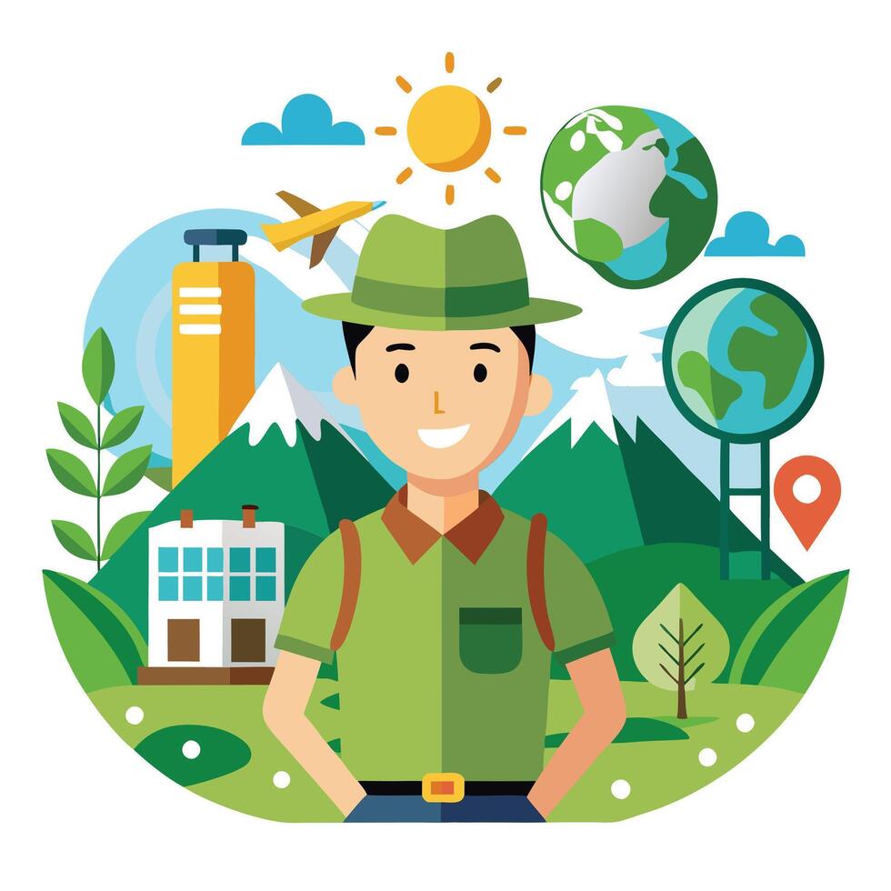 Traveler Icon with Eco-Tourism Symbols and Sustainable Tourism Concept vector