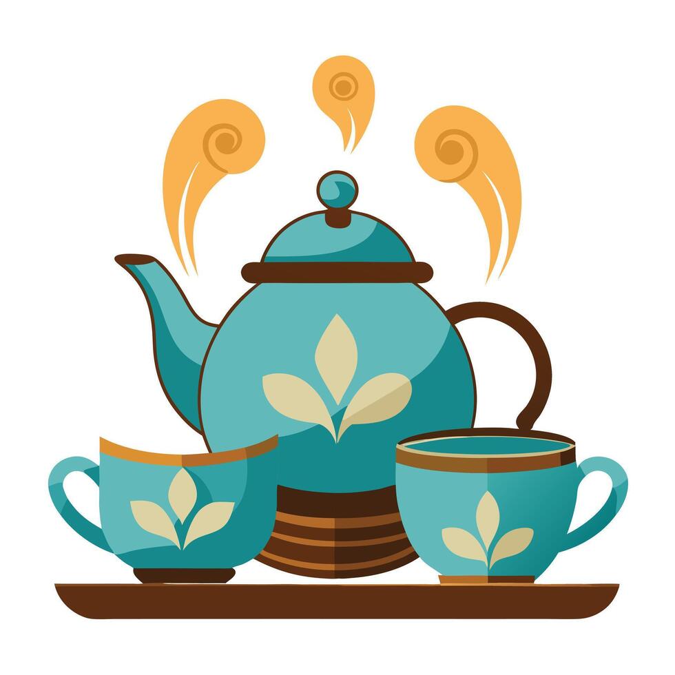 Tea Set Icon with Steam and Two Cup Tea Ceremony Concept vector