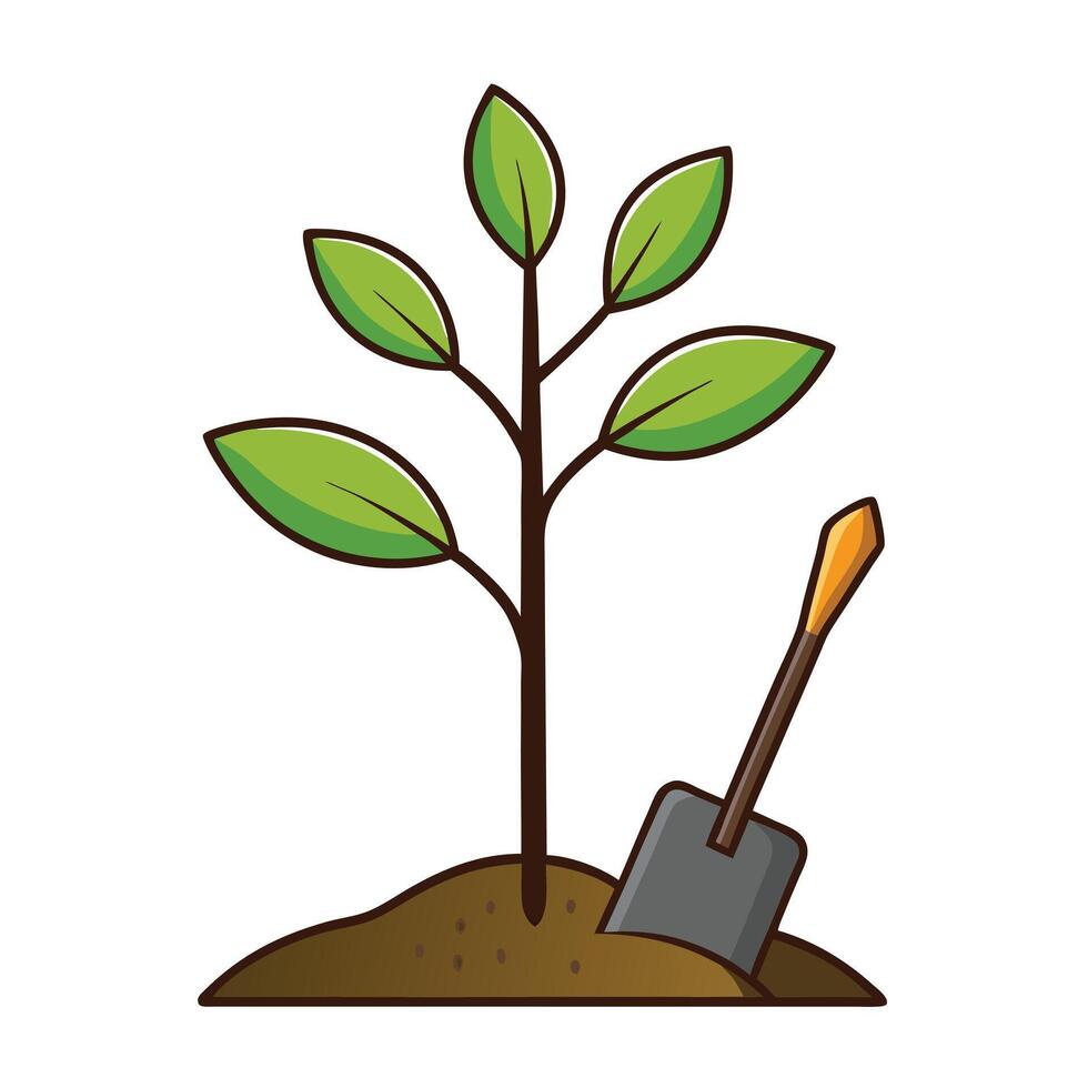 Tree Sapling Icon with Soil and a Gardening Tool and Tree Planting Concept vector