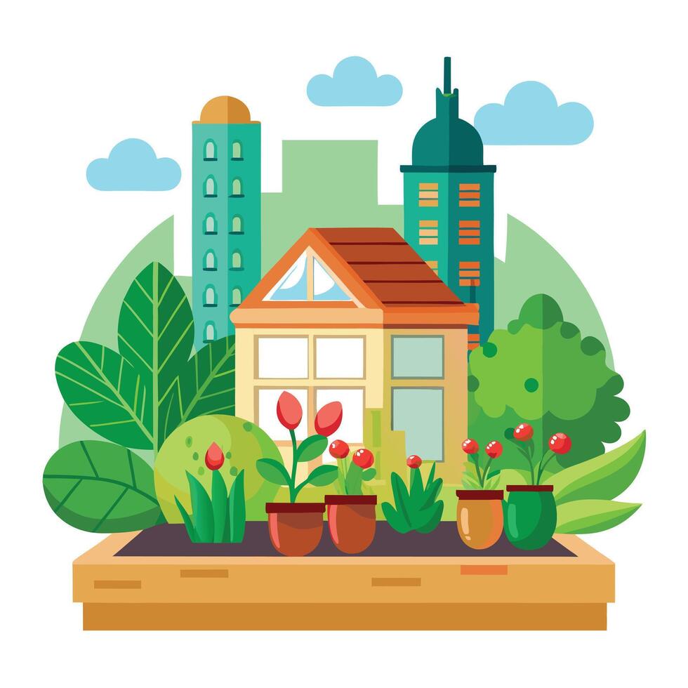 Rooftop Garden Icon with Vegetables and Urban Garden Concept vector