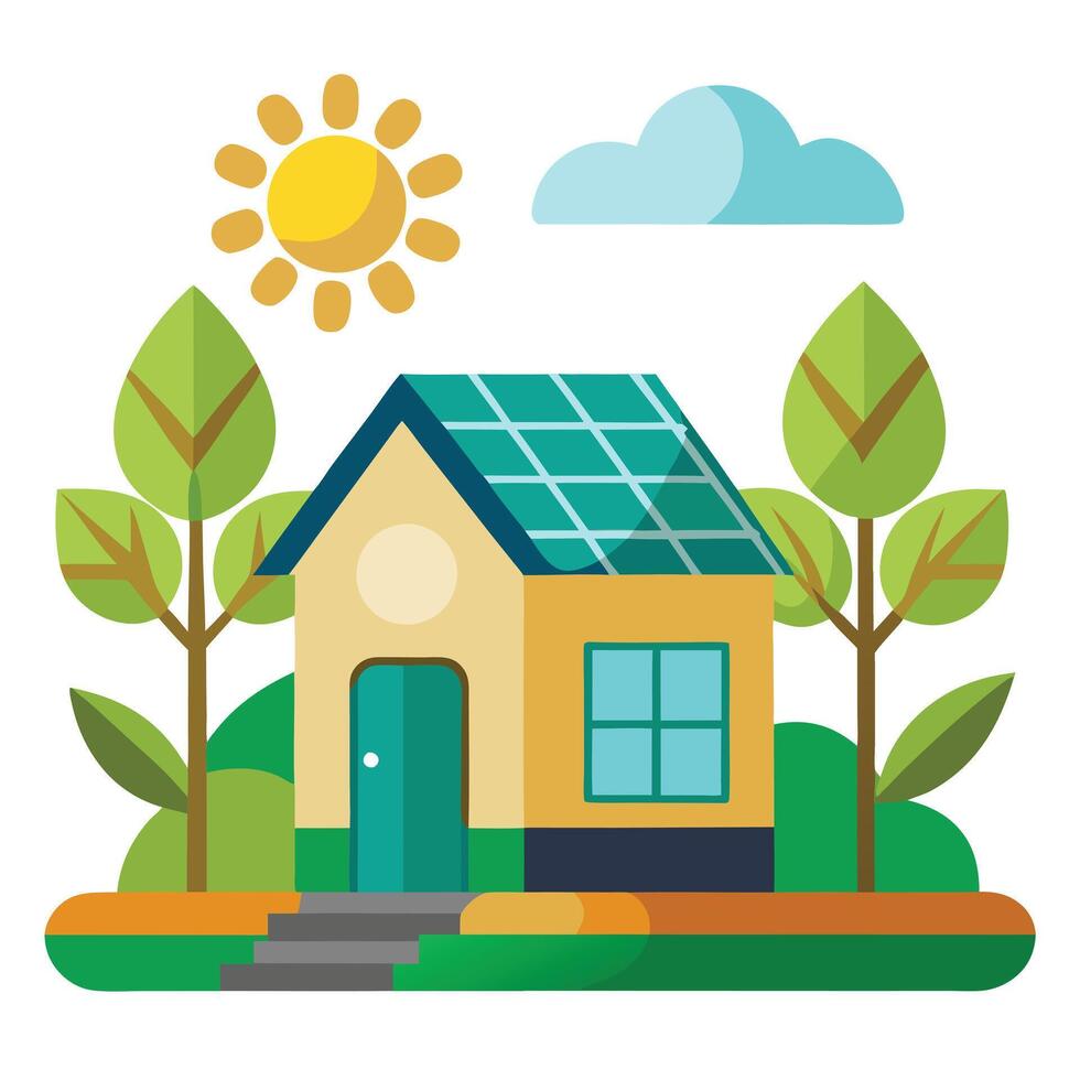 Modern Sustainable Living Icon with Solar Panels and House vector