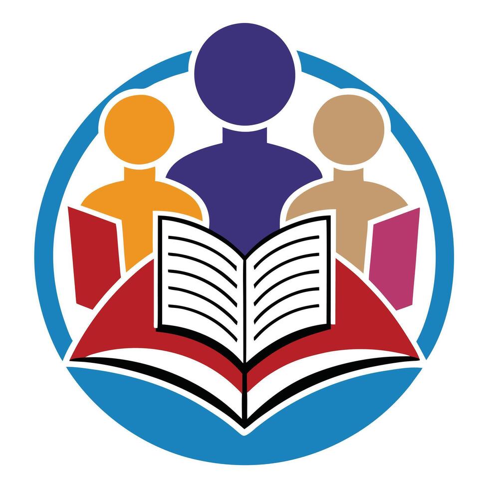 Elegant Book Club Icon with a Group of People Reading Books in a Library vector