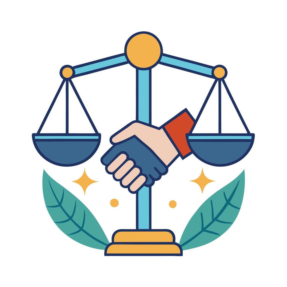 Elegant Handshake Icon with a Scale of Justice and Isolated Background vector