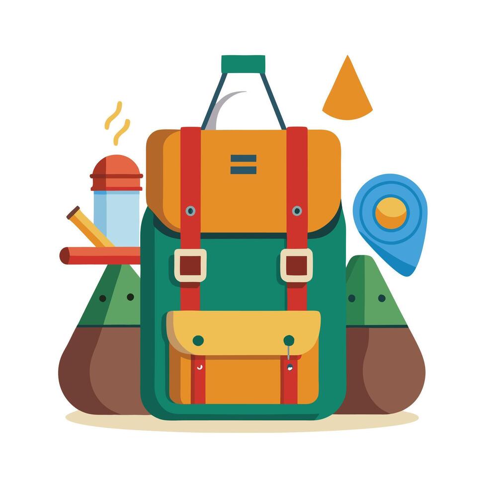 Elegant Backpack Icon with Camping Essentials and Isolated Background vector
