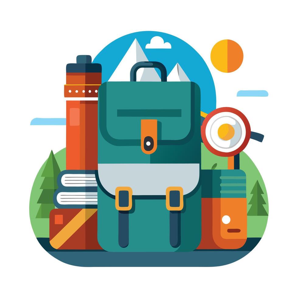 Modern Backpack Icon with Camping Essentials and Isolated Background vector