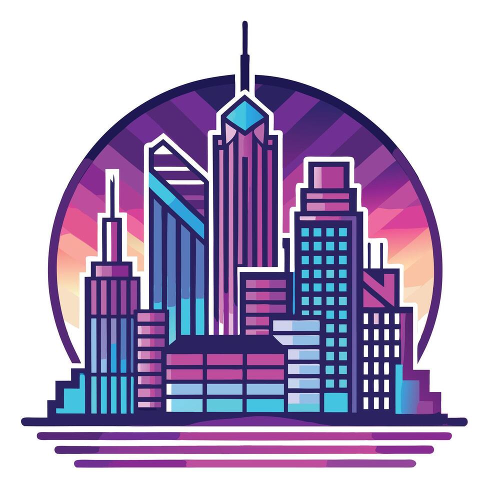 Neon Lit Cityscape Icon with a City and Isolated Background vector