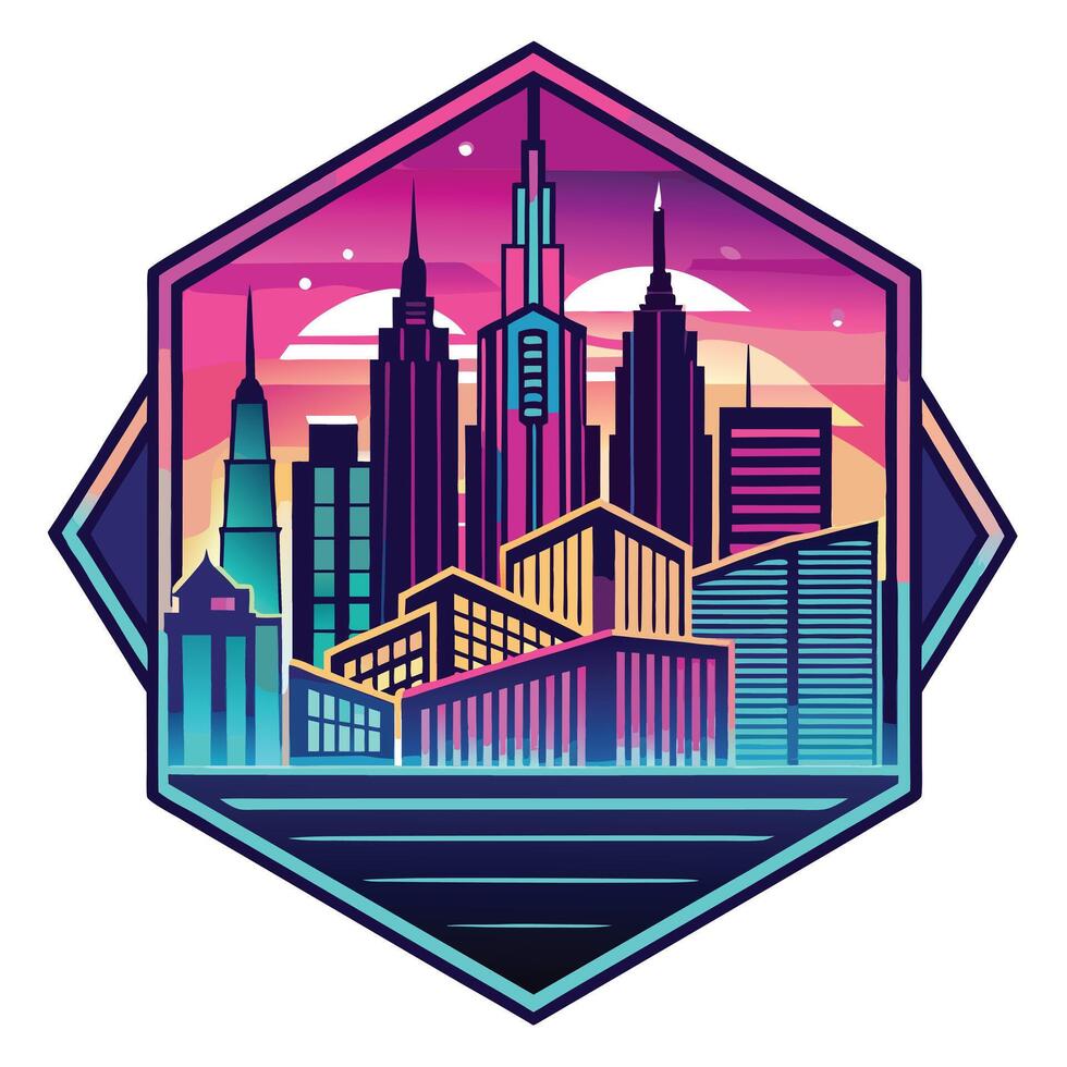 Elegant Neon Lit Cityscape Icon with a City and Isolated Background vector