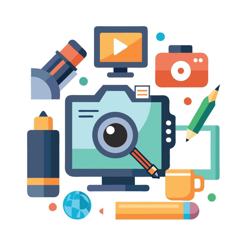 Modern Camera and Editing Tools Icon with a Content Creation Symbol and Isolated Background vector